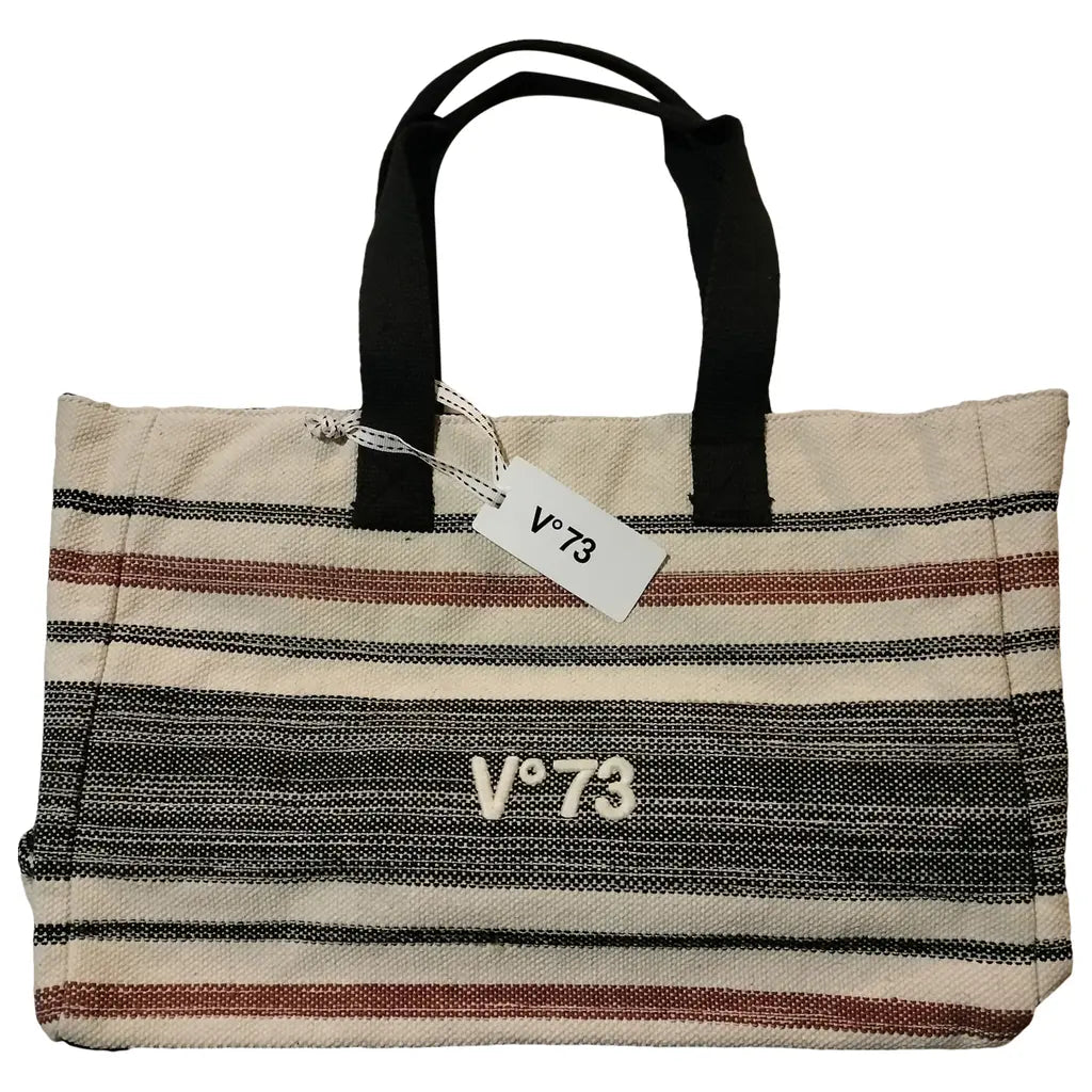 Borsa shopper V°73 Venezia in cotone a righe beige, nere e rosse – Manici neri