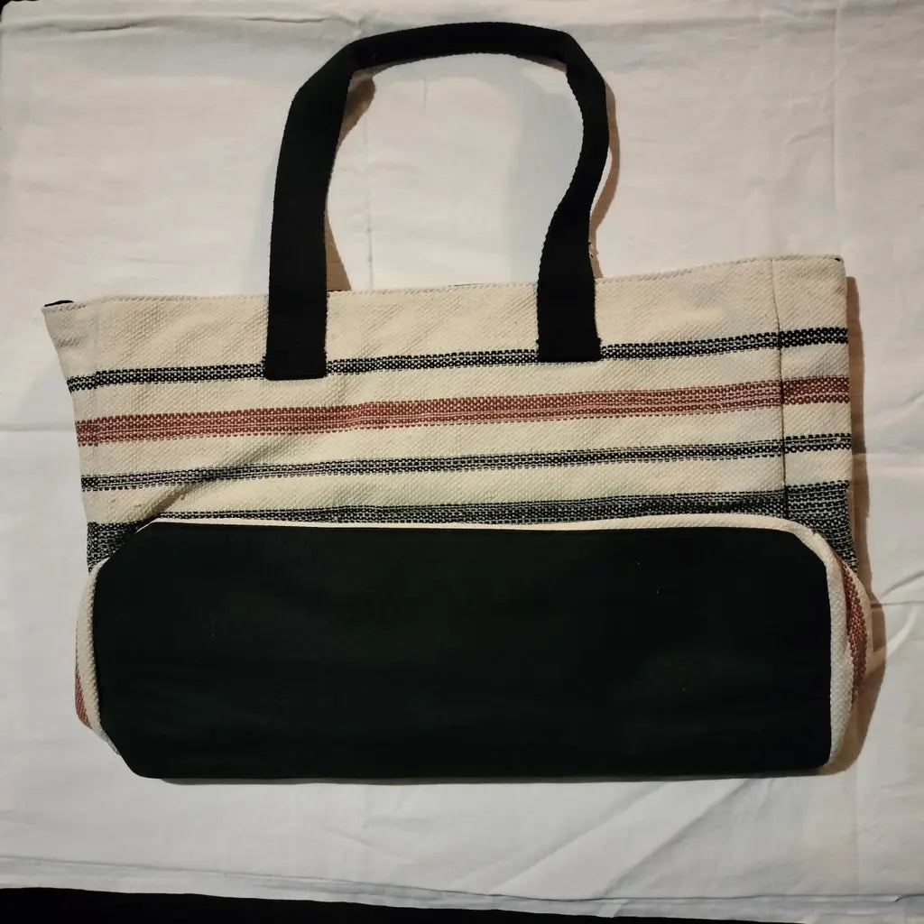 Borsa shopper V°73 Venezia in cotone a righe beige, nere e rosse – Manici neri