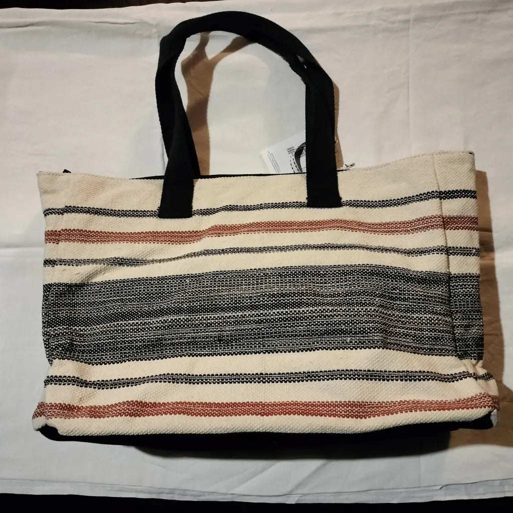 Borsa shopper V°73 Venezia in cotone a righe beige, nere e rosse – Manici neri