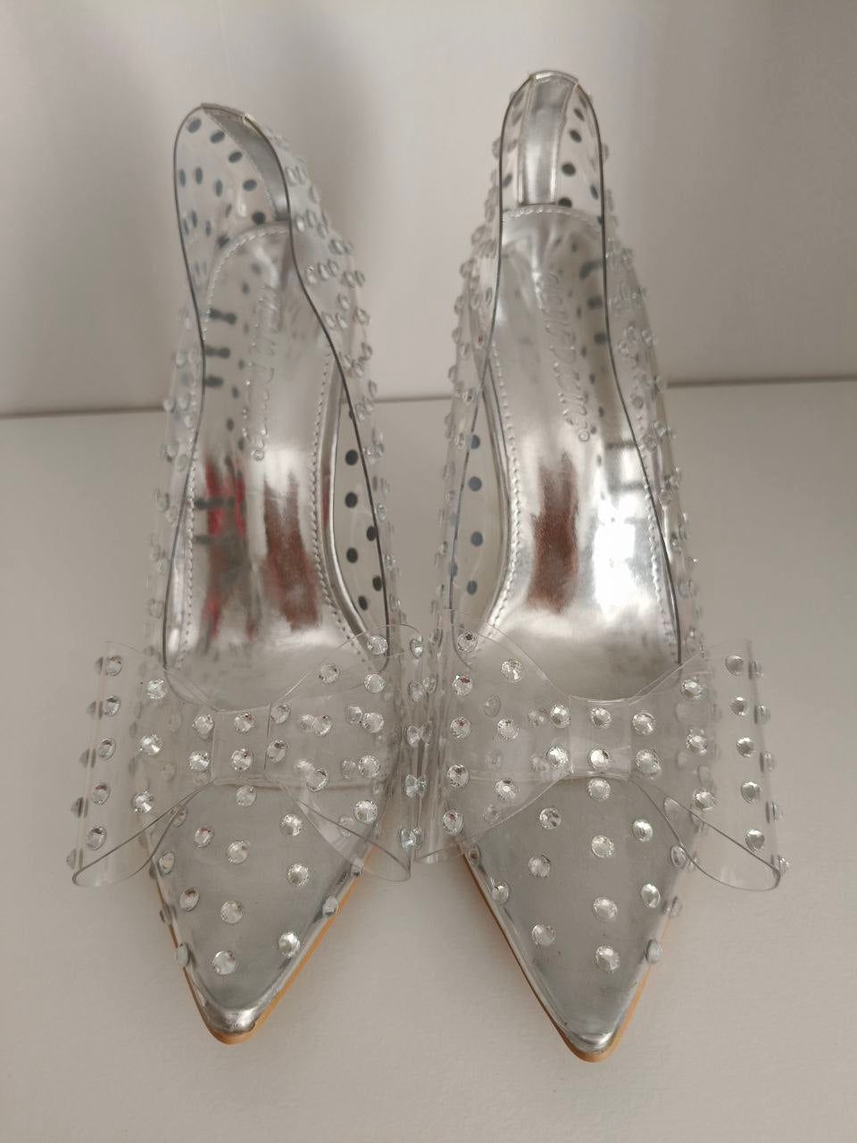 Décolleté trasparenti donna con fiocco e pietre – Tacco 10 cm – N. 37 – Ecopelle