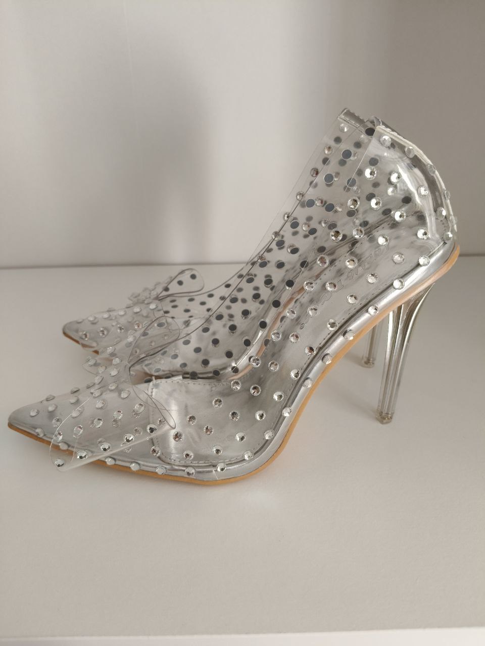 Décolleté trasparenti donna con fiocco e pietre – Tacco 10 cm – N. 37 – Ecopelle