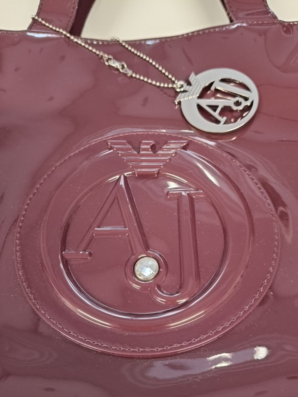Borsa shopper Armani Jeans bordeaux in vernice con dust bag originale
