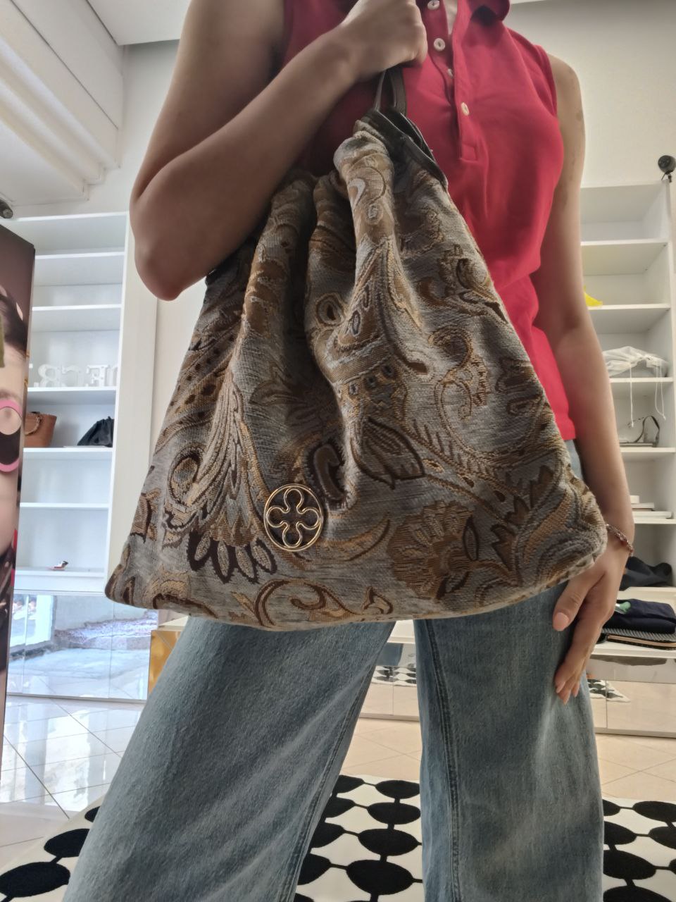 Borsa tapestry V°73 Venezia in tessuto jacquard con manici in pelle