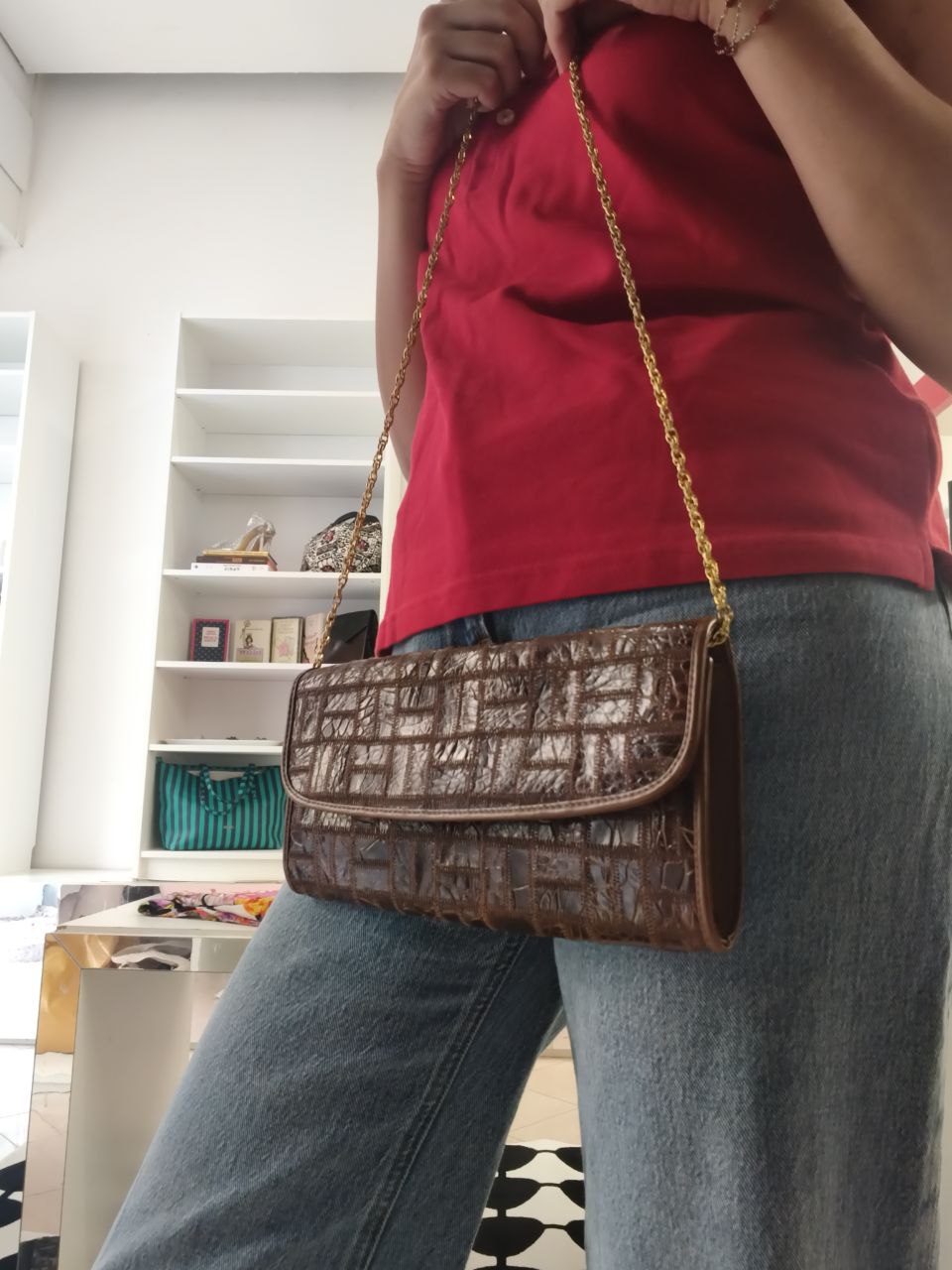 Pochette vintage Niki Milano in vera pelle con catena dorata