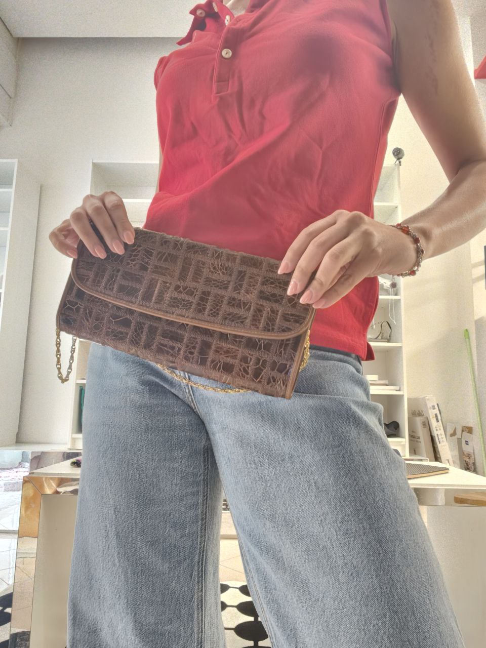Pochette vintage Niki Milano in vera pelle con catena dorata