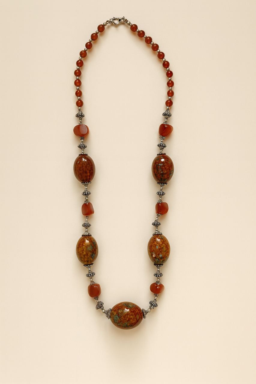 Collana décor in pietre dure marroni con sfumature cerulee