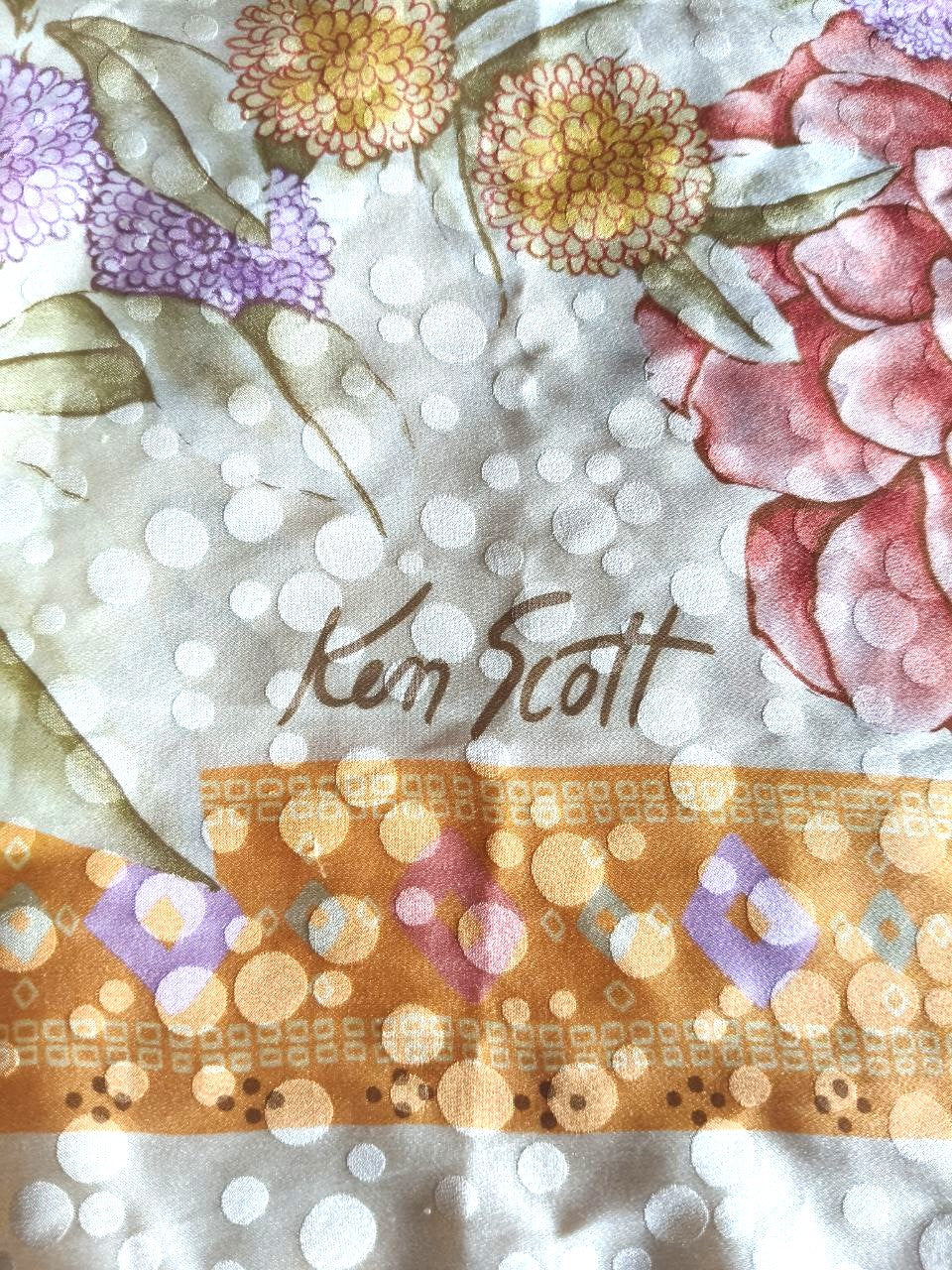 Foulard vintage Ken Scott in seta 85×85 con motivo pois in trasparenza