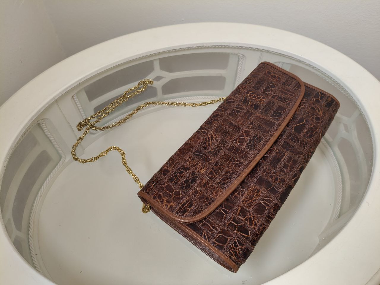 Borsa vintage Niki Milano in pelle marrone stampa cocco con tracolla