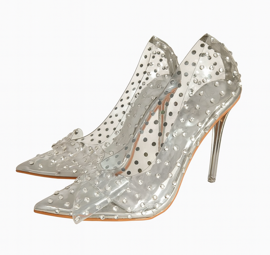 Décolleté trasparenti donna con fiocco e pietre – Tacco 10 cm – N. 37 – Ecopelle