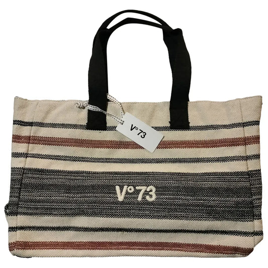 Borsa shopper V°73 Venezia in cotone a righe beige, nere e rosse – Manici neri