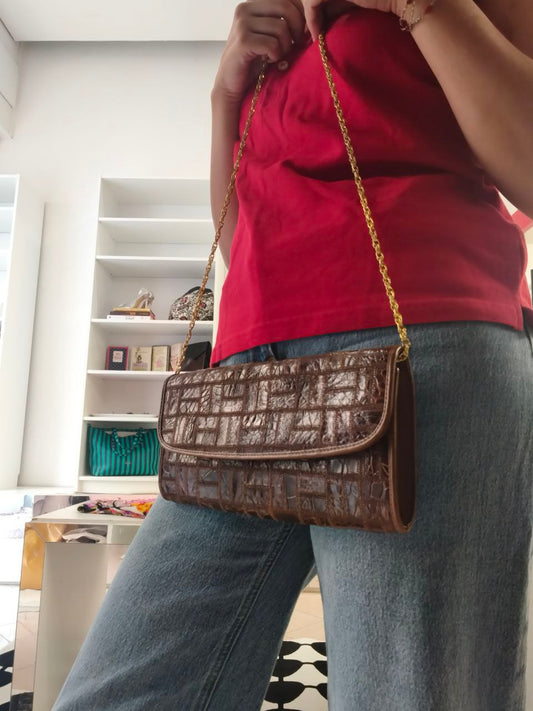 Pochette vintage Niki Milano in vera pelle con catena dorata