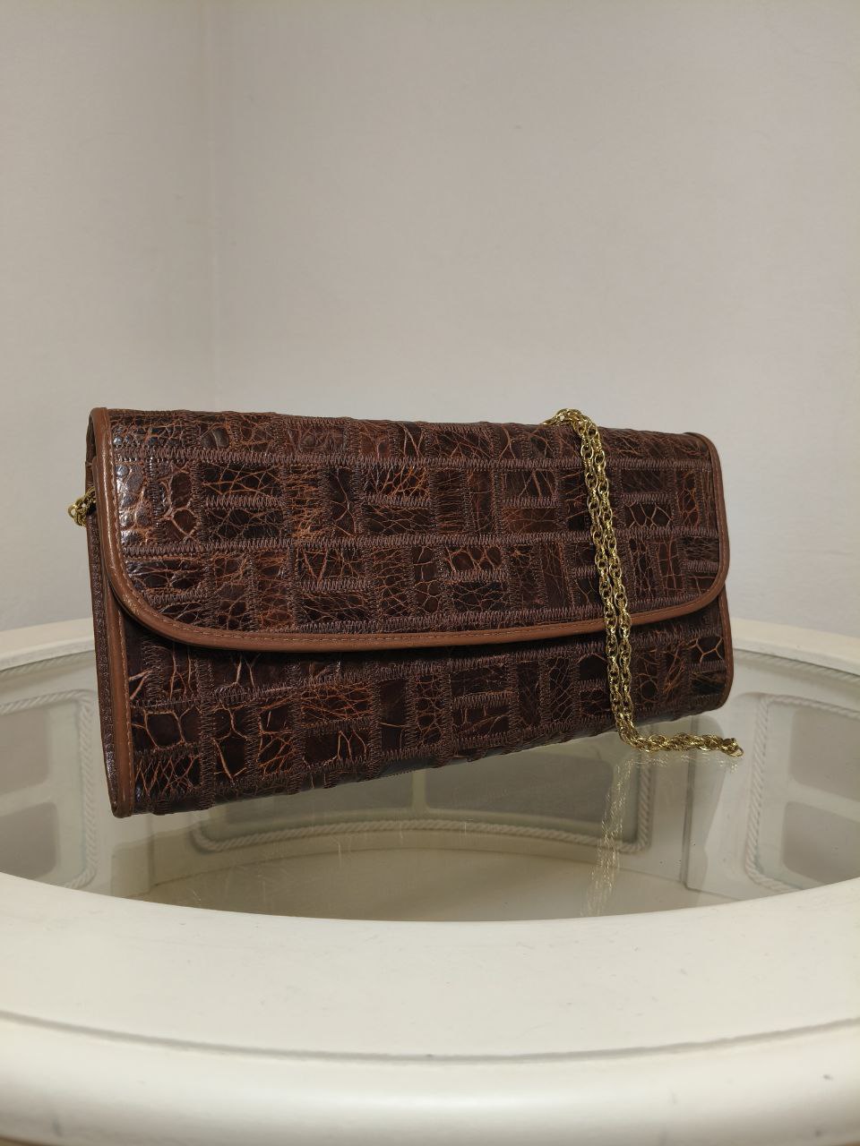 Borsa vintage Niki Milano in pelle marrone stampa cocco con tracolla