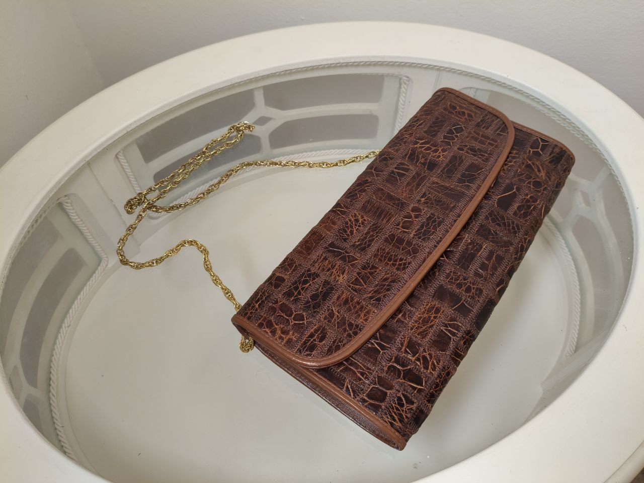 Borsa vintage Niki Milano in pelle marrone stampa cocco con tracolla