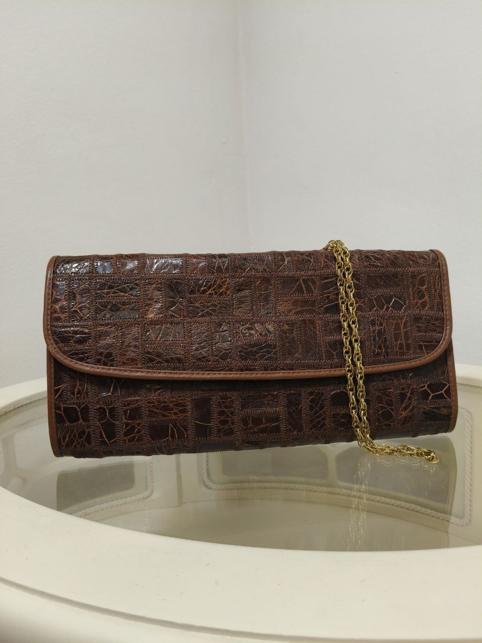 Borsa vintage Niki Milano in pelle marrone stampa cocco con tracolla