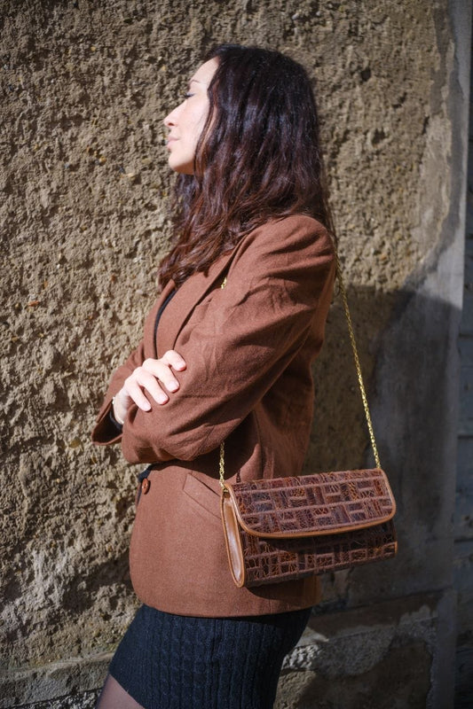 Borsa vintage Niki Milano in pelle marrone stampa cocco con tracolla