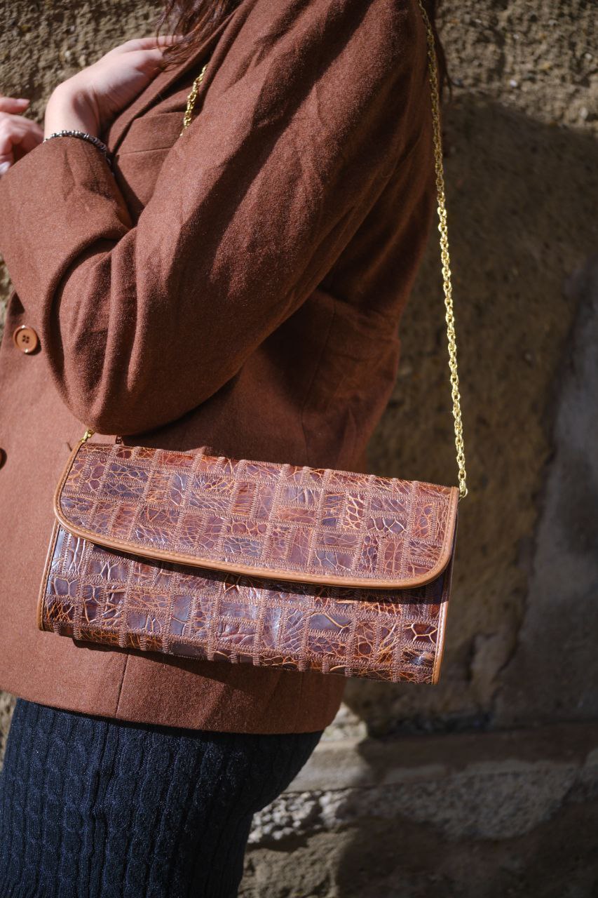 Borsa vintage Niki Milano in pelle marrone stampa cocco con tracolla