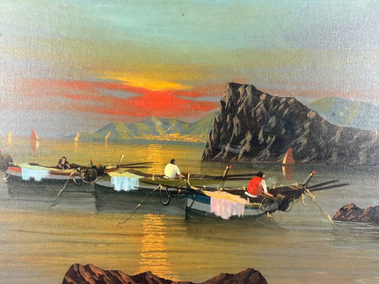 Olio su tela di Mario Galanti – Marina con barche e pescatori al tramonto – Con cornice dorata