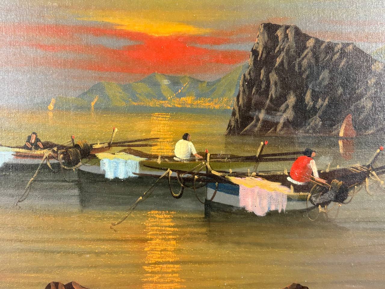 Olio su tela di Mario Galanti – Marina con barche e pescatori al tramonto – Con cornice dorata