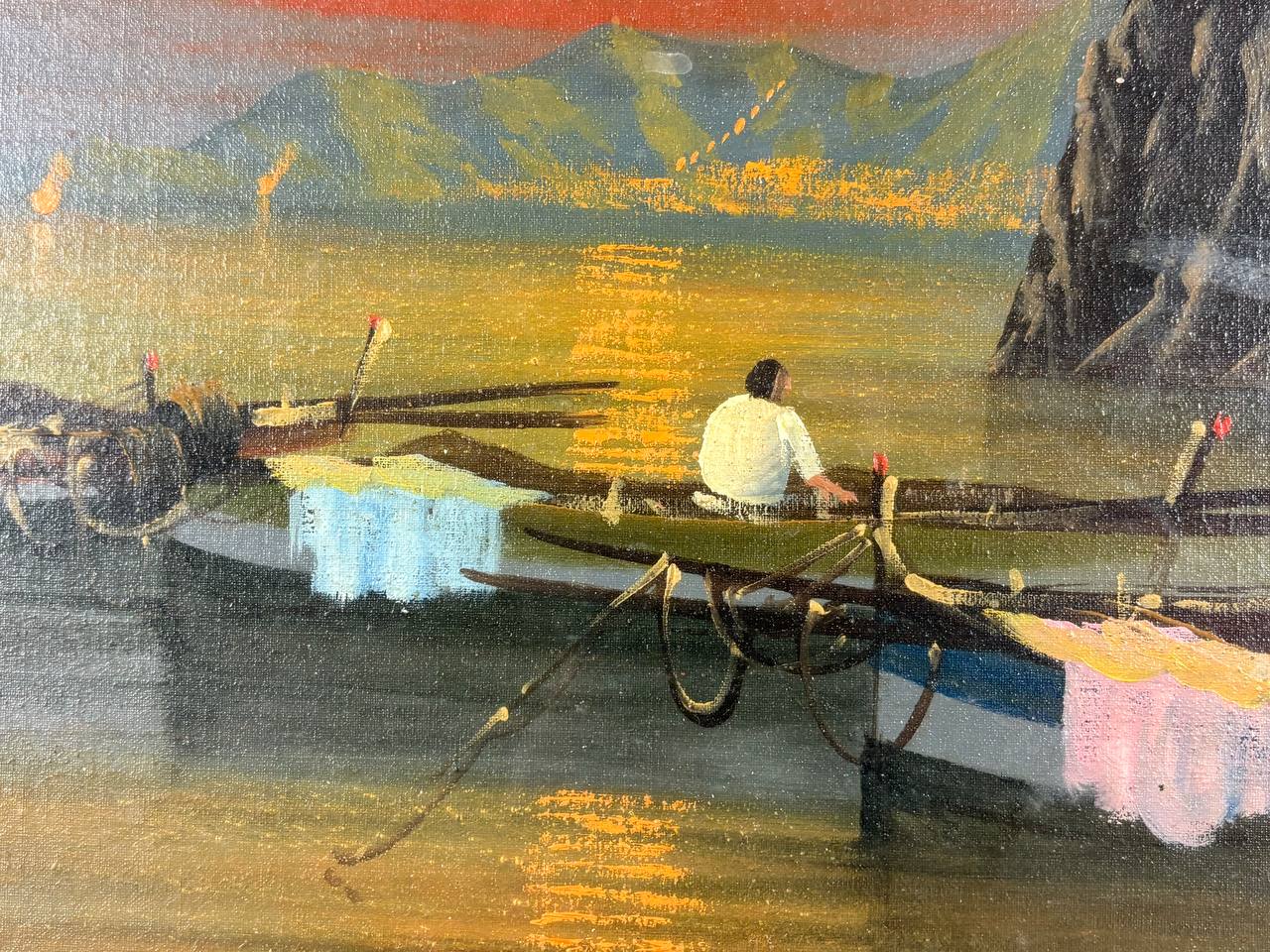 Olio su tela di Mario Galanti – Marina con barche e pescatori al tramonto – Con cornice dorata