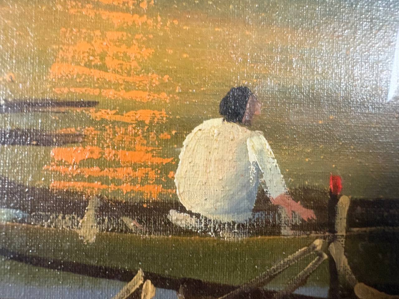 Olio su tela di Mario Galanti – Marina con barche e pescatori al tramonto – Con cornice dorata