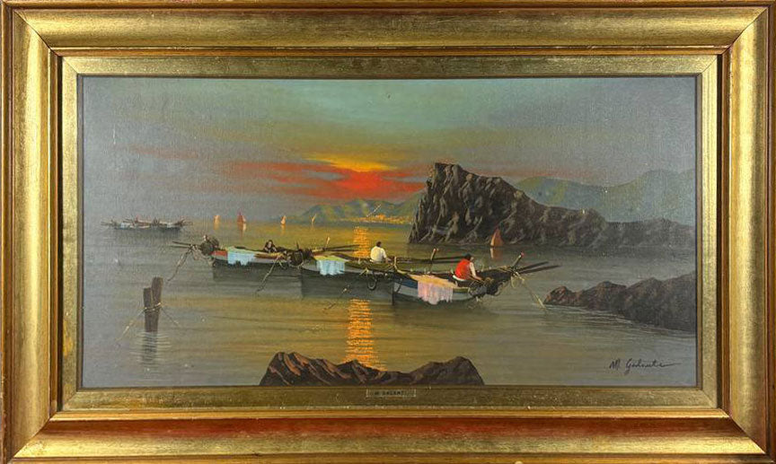 Olio su tela di Mario Galanti – Marina con barche e pescatori al tramonto – Con cornice dorata
