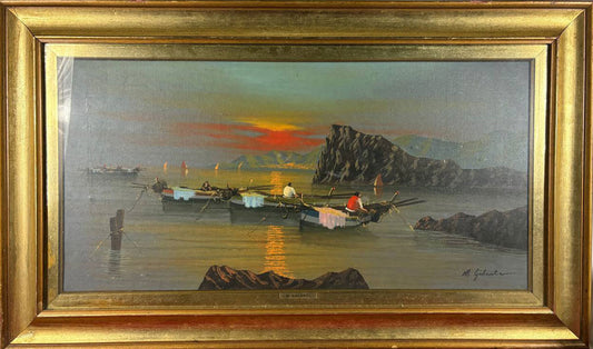 Olio su tela di Mario Galanti – Marina con barche e pescatori al tramonto – Con cornice dorata