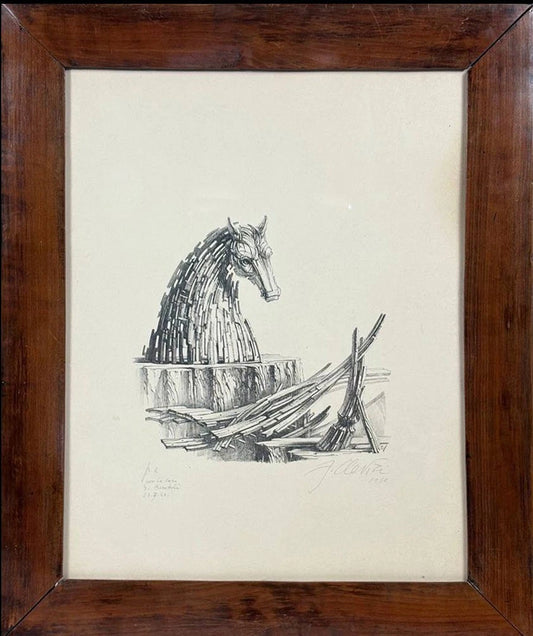 Litografia Fabrizio Clerici Recupero Cavallo di Troia P.A. autografata 1968