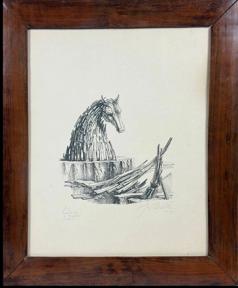 Litografia Fabrizio Clerici Recupero Cavallo di Troia P.A. autografata 1968
