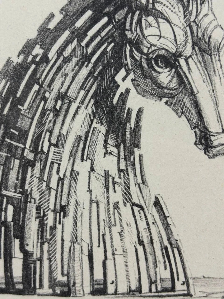 Litografia Fabrizio Clerici Recupero Cavallo di Troia P.A. autografata 1968