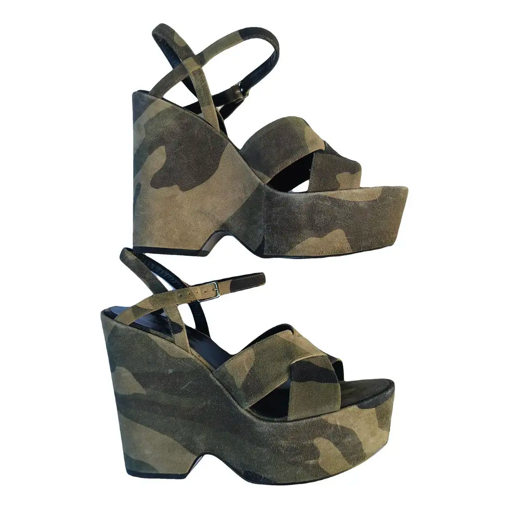 Sandali platform Saint Laurent in suede camouflage con zeppa — n.39